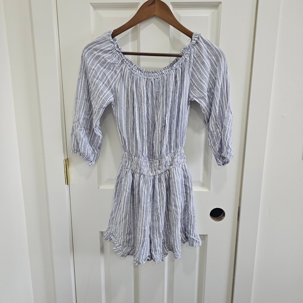 Hollister Blue White Striped Off-the-Shoulder Smocked Waist Romper XS Womens